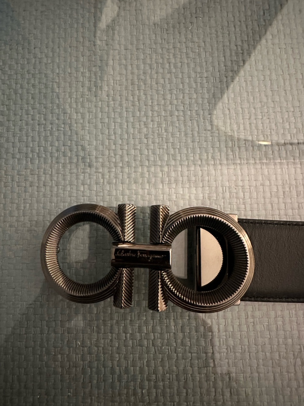 Salvatore Ferragamo Black Leather Men’s Belt with Gunmetal Double Gancio Buckle